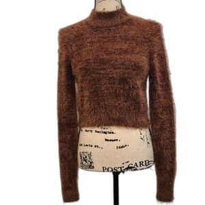 Express Cropped Sweater M Fuzzy Eyelash Knit Brown Wool Blend Cozy LS Mock Neck